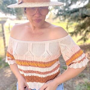 New! The “Jansan” Crocheted Cropped Boho Striped Festival Off Shoulder Blouse